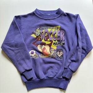Vintage Kids Tazmanian Devil Soccer Sweatshirt Crewneck Purple Large *READ